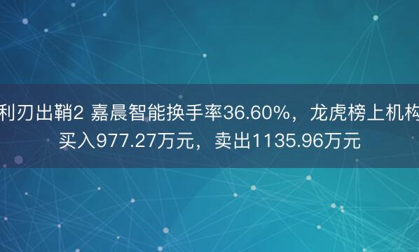 利刃出鞘2 嘉晨智能换手率36.60%,龙虎榜上机构买入977.27万元,卖出1135.96万元