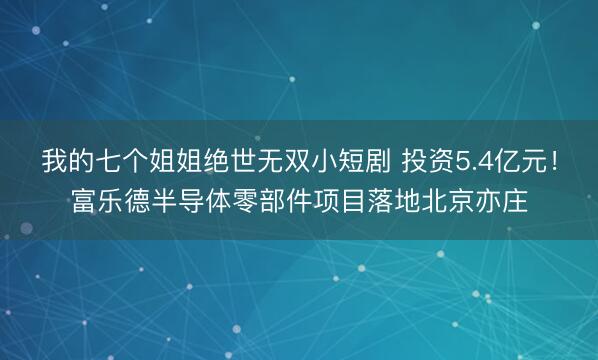 我的七个姐姐绝世无双小短剧 投资5.4亿元！富乐德半导体零部件项目落地北京亦庄